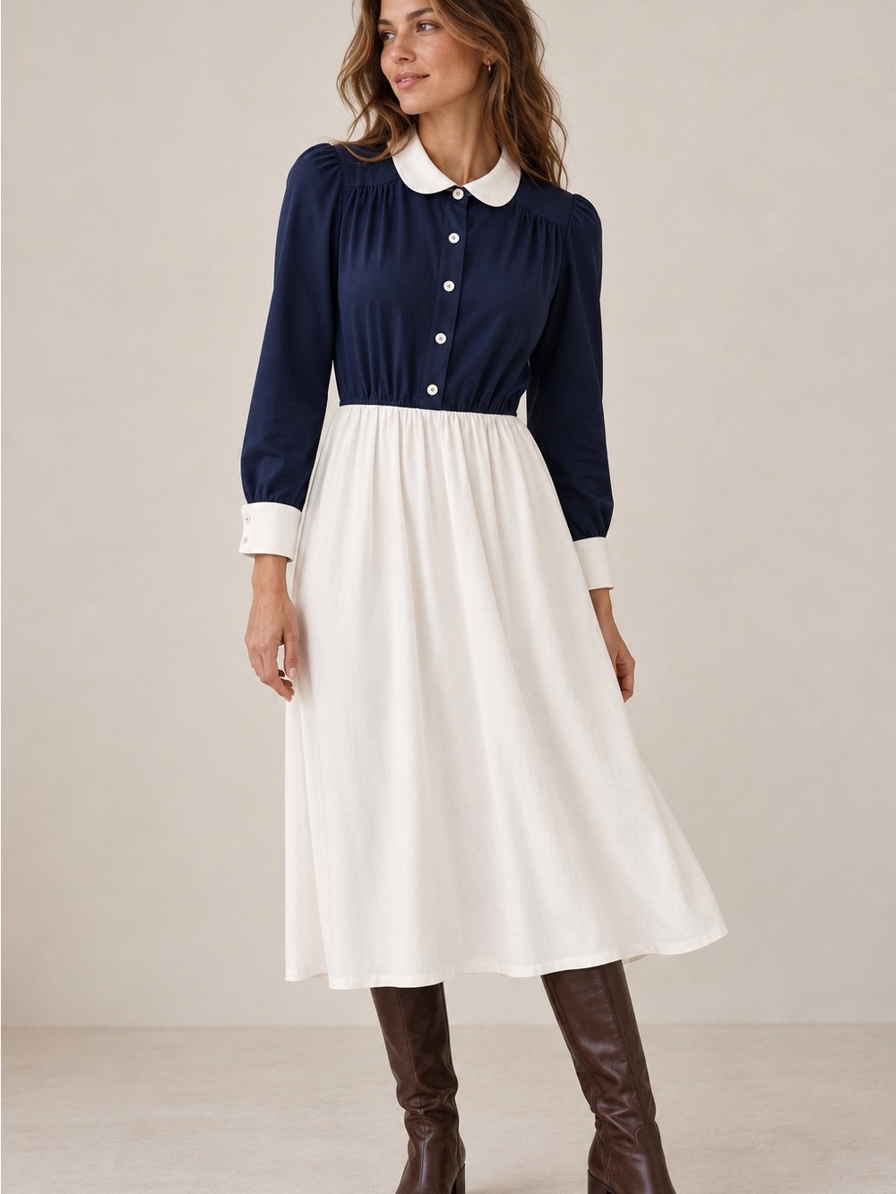 Vintage ILGWU Union Made Navy White Collar Midi Dress Equestrian Preppy USA